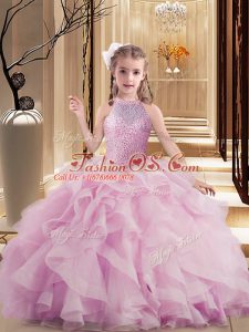 High-neck Sleeveless Lace Up Custom Made Pageant Dress Lilac Tulle