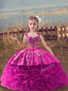 Fashionable Fuchsia Fabric With Rolling Flowers Lace Up Glitz Pageant Dress Sleeveless Sweep Train Embroidery