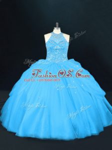 Floor Length Aqua Blue Quince Ball Gowns Halter Top Sleeveless Lace Up
