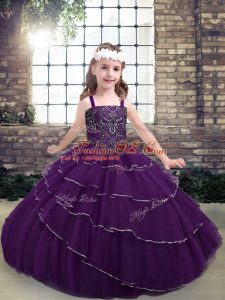 Customized Floor Length Eggplant Purple Little Girls Pageant Gowns Tulle Sleeveless Beading and Ruffled Layers