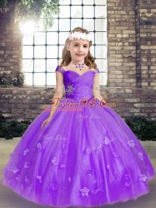 Lavender Ball Gowns Tulle Straps Sleeveless Beading and Hand Made Flower Lace Up Pageant Dress for Teens