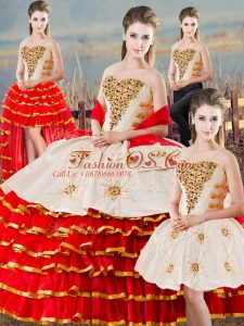 White And Red Ball Gowns Organza Sweetheart Sleeveless Beading and Ruffled Layers Floor Length Lace Up 15th Birthday Dress