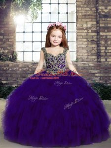 Tulle Sleeveless Floor Length Kids Formal Wear and Beading