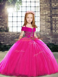 Fashionable Fuchsia Sleeveless Beading Lace Up Kids Pageant Dress