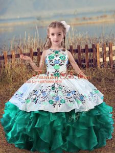 Organza Scoop Sleeveless Lace Up Embroidery and Ruffles Kids Formal Wear in Turquoise