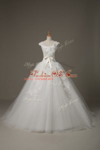 Glorious White Sleeveless Lace and Appliques and Belt and Hand Made Flower Lace Up Wedding Dress
