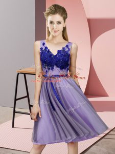 Tulle V-neck Sleeveless Lace Up Appliques Court Dresses for Sweet 16 in Lavender