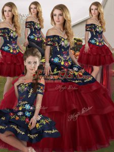 Top Selling Wine Red Ball Gowns Tulle Off The Shoulder Sleeveless Embroidery and Ruffled Layers Lace Up Quinceanera Dress Brush Train