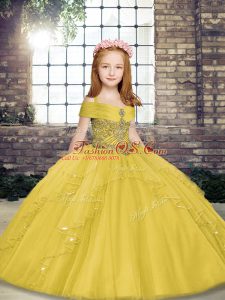 Popular Yellow Lace Up Straps Beading Pageant Gowns For Girls Tulle Sleeveless