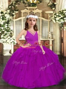 Unique Purple Ball Gowns Ruffles Kids Pageant Dress Zipper Tulle Sleeveless Floor Length