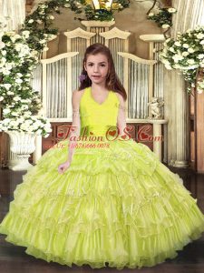 Floor Length Lace Up Pageant Gowns For Girls Yellow Green for Party and Wedding Party with Ruffled Layers