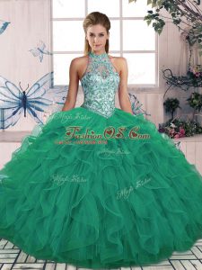 Classical Turquoise Ball Gowns Beading and Ruffles 15 Quinceanera Dress Lace Up Tulle Sleeveless Floor Length