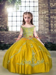 Tulle Off The Shoulder Sleeveless Lace Up Beading Pageant Gowns For Girls in Olive Green