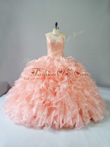 Inexpensive Peach Lace Up Quince Ball Gowns Beading and Ruffles Sleeveless