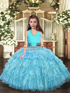 Custom Designed Aqua Blue Ball Gowns Ruffled Layers Little Girl Pageant Gowns Lace Up Organza Sleeveless Floor Length
