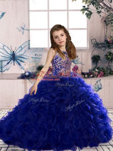 Top Selling Scoop Sleeveless Girls Pageant Dresses Floor Length Beading and Ruffles Royal Blue Organza