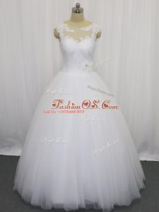 White Tulle Clasp Handle Scoop Sleeveless Floor Length Wedding Dresses Beading and Lace and Hand Made Flower