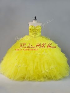 Sleeveless Tulle Floor Length Lace Up Ball Gown Prom Dress in Yellow with Beading and Ruffles