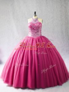 Hot Pink 15 Quinceanera Dress Sweet 16 and Quinceanera with Beading Halter Top Sleeveless Brush Train Lace Up