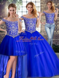 Royal Blue Sleeveless Tulle Brush Train Lace Up Quinceanera Dresses for Military Ball and Sweet 16 and Quinceanera
