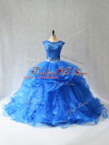 Artistic Royal Blue Sweet 16 Dress Scoop Sleeveless Brush Train Lace Up