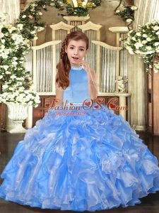 Halter Top Sleeveless Little Girl Pageant Dress Floor Length Beading and Ruffles Baby Blue Organza