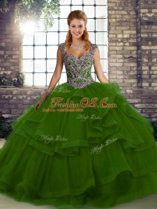 Pretty Green Lace Up Sweet 16 Dresses Beading and Ruffles Sleeveless Floor Length