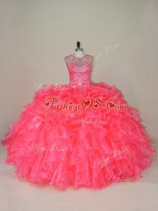 Glamorous Pink Lace Up Scoop Beading and Ruffles 15 Quinceanera Dress Organza Sleeveless