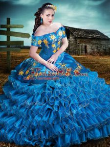 Noble Floor Length Lace Up Quinceanera Gowns Blue for Sweet 16 and Quinceanera with Embroidery and Ruffles