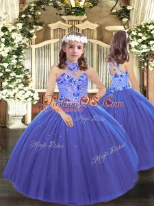 Halter Top Sleeveless Child Pageant Dress Floor Length Appliques Blue Tulle