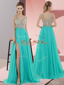 Fantastic Sleeveless Chiffon Sweep Train Zipper in Turquoise with Beading
