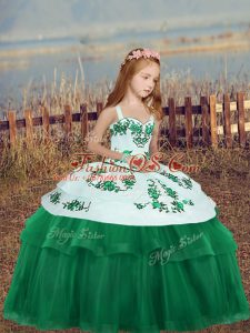 Dazzling Dark Green Lace Up Straps Embroidery Little Girls Pageant Dress Wholesale Tulle Sleeveless