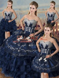 Trendy Navy Blue Sleeveless Floor Length Embroidery and Ruffles Lace Up 15th Birthday Dress