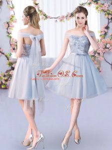 Grey Empire Tulle Off The Shoulder Sleeveless Lace and Belt Knee Length Lace Up Damas Dress