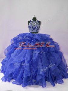 Best Scoop Sleeveless Sweet 16 Quinceanera Dress Floor Length Beading and Ruffles Royal Blue Organza