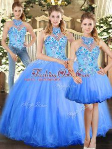 Fantastic Blue Quinceanera Dress Sweet 16 and Quinceanera with Embroidery Halter Top Sleeveless Lace Up