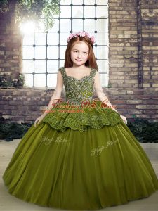 Olive Green Straps Sleeveless Tulle Floor Length Lace Up Beading Custom Made Pageant Dress