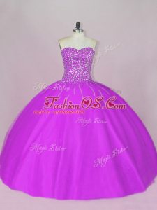 Adorable Purple Tulle Lace Up Sweetheart Sleeveless Floor Length Sweet 16 Dress Beading