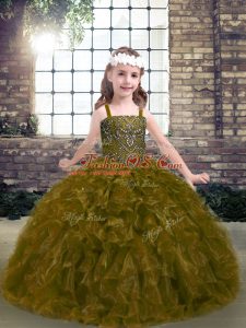 Floor Length Ball Gowns Sleeveless Olive Green Girls Pageant Dresses Lace Up