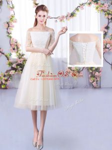 Champagne Dama Dress Wedding Party with Lace Off The Shoulder Half Sleeves Lace Up