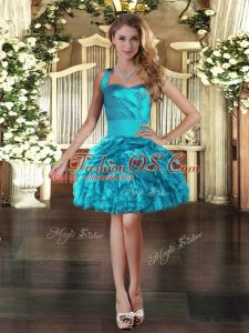 Organza Halter Top Sleeveless Lace Up Ruffles Homecoming Dress in Turquoise