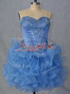 Noble Blue Lace Up Club Wear Beading and Ruffles Sleeveless Mini Length