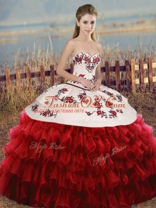 Edgy Sleeveless Floor Length Embroidery and Ruffled Layers and Bowknot Lace Up Ball Gown Prom Dress with White And Red