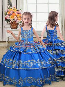 Top Selling Royal Blue Straps Lace Up Embroidery and Ruffled Layers Child Pageant Dress Sleeveless
