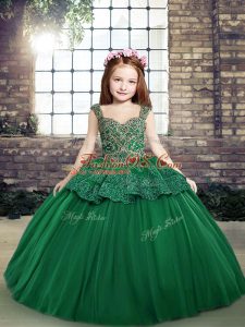 Elegant Dark Green Sleeveless Floor Length Beading and Lace Lace Up Little Girls Pageant Gowns