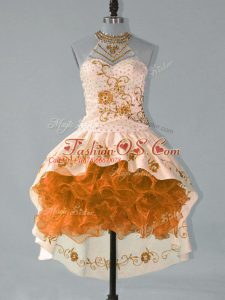 Sleeveless Satin and Organza High Low Lace Up Prom Dresses in Brown with Embroidery and Ruffles