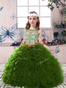 Olive Green Ball Gowns Scoop Sleeveless Organza Floor Length Lace Up Beading and Ruffles Little Girls Pageant Dress