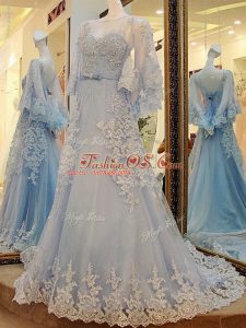Stunning Light Blue Lace Up Oscars Dresses Lace and Appliques and Belt Long Sleeves Court Train