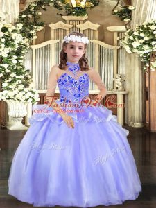 High Class Floor Length Lavender Girls Pageant Dresses Halter Top Sleeveless Lace Up