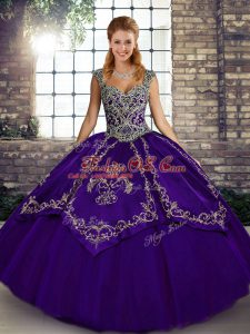 Tulle Straps Sleeveless Lace Up Beading and Embroidery Sweet 16 Dress in Purple